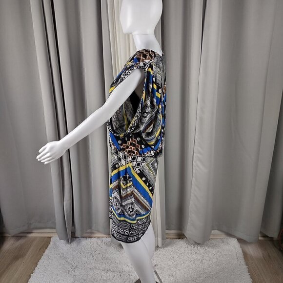 Emma & Michele Blue & Black Geometric V-Neck Stretch Blouson Shirt Dress Size L - Picture 5 of 13